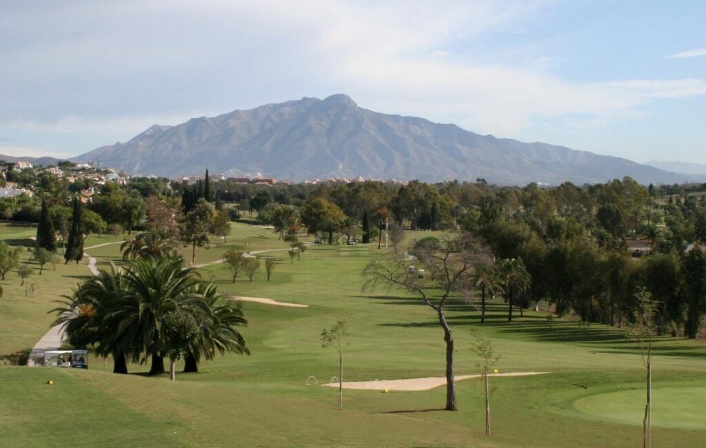 A golf course with palms and La Concha mountain behind