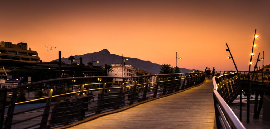 The boardwalk in San Pedro at sunset