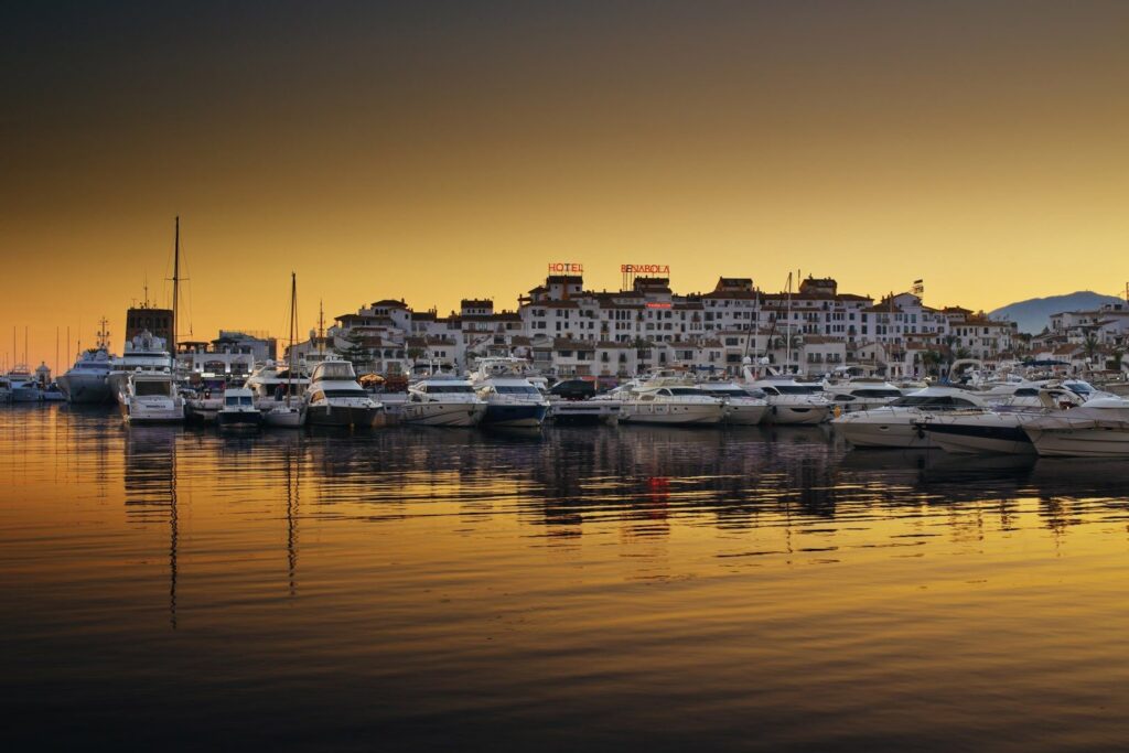 Yachts in Puerto Banús at sunset