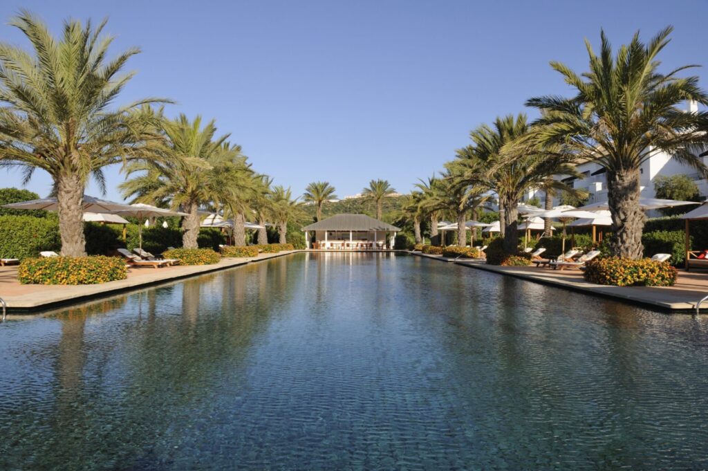 A long pool between palms at Finca Cortesín