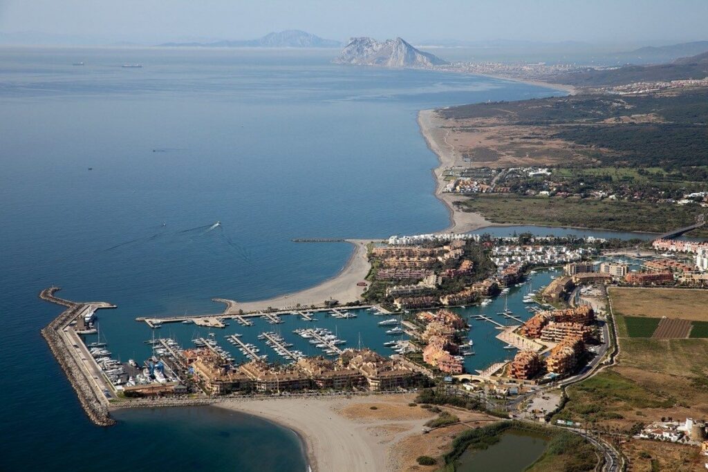 Puerto Sotogrande and the coast from the air, with Gibraltar beyond